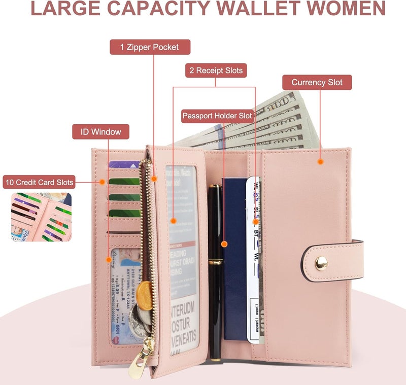yiijay Womens Wallet RFID Blocking Leather Trifold Clutch Wallet Credit Card Holder Ladies Travel Wallet Purse with Pen Holder - Image 2